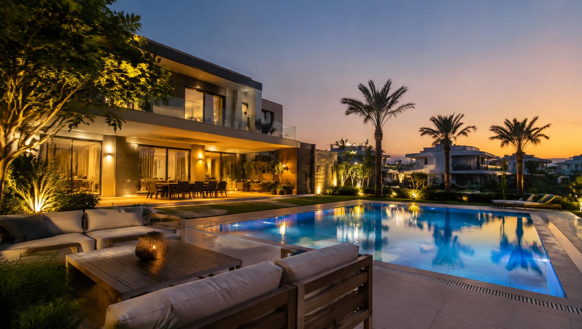 Illustrative villa terrace and pool at twilight